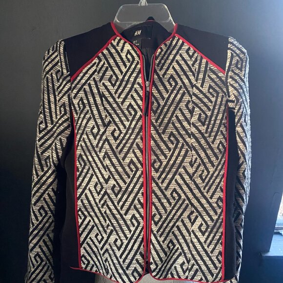 H&M Women Geometric Black & White fully lined jacket with Red cord trim details - Picture 3 of 8